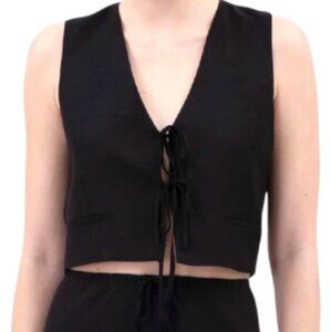 Black V Neck Front Tie Cropped Linen Vest